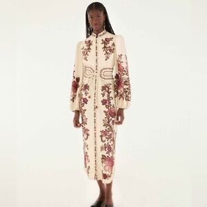 FARM Rio Renata Floral Sand Long Sleeve Dress with Red Floral Design